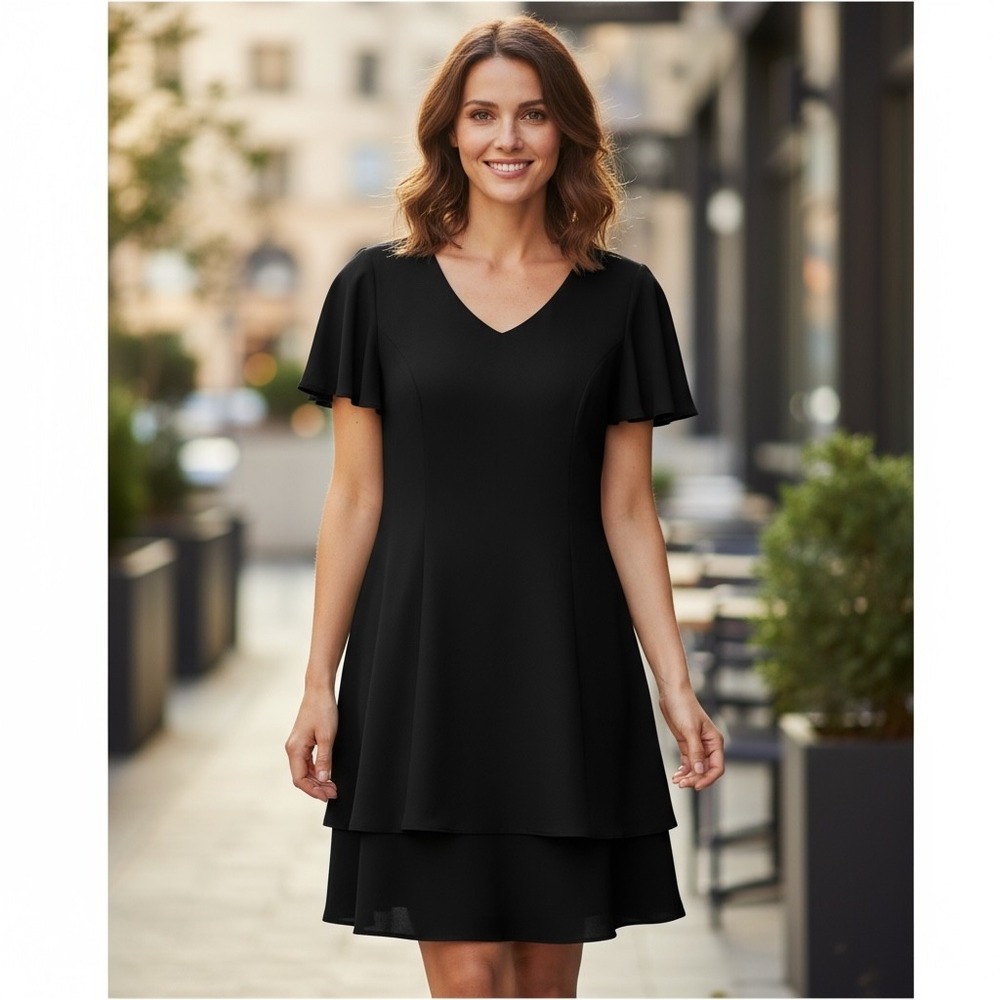 Randi May Collection Black Dress Layered Flutter Sleeve Size 16 Made In Canada